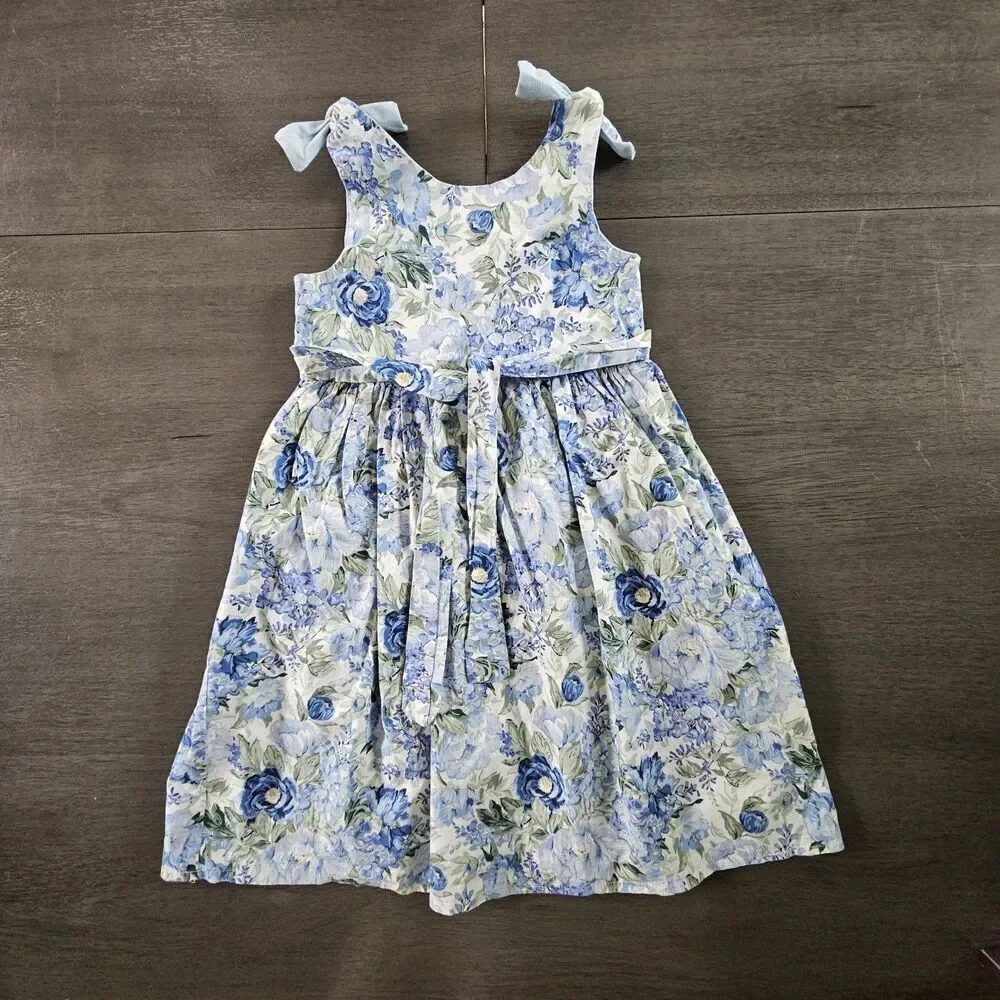Vtg Handmade Grannie Annie Blue Floral Girls Floral Dress Size Large Sundress